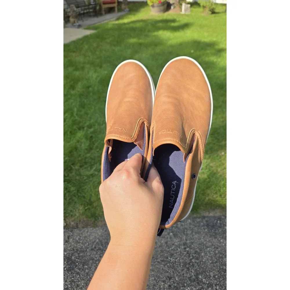 Nautica Akeley Mens 6 Brown Cognac Slip On Sneakers Casual Boat Shoes Clean